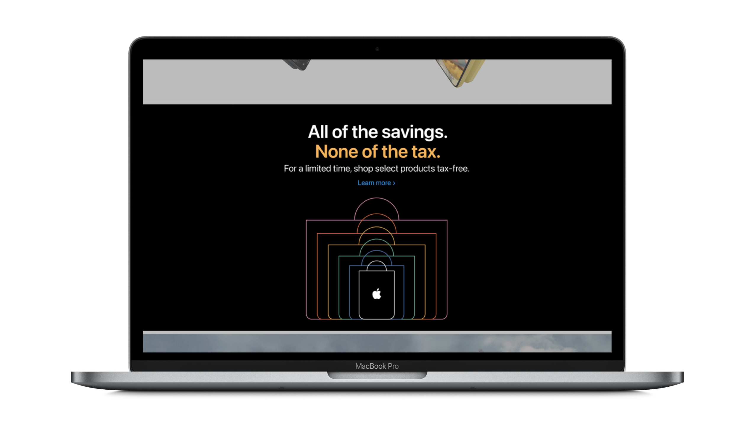 Tax Holiday key visual — escalating Apple shopping bags